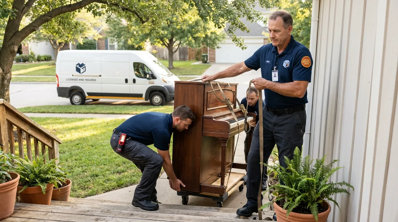 Licensed piano movers securing grand piano in Winona, MO