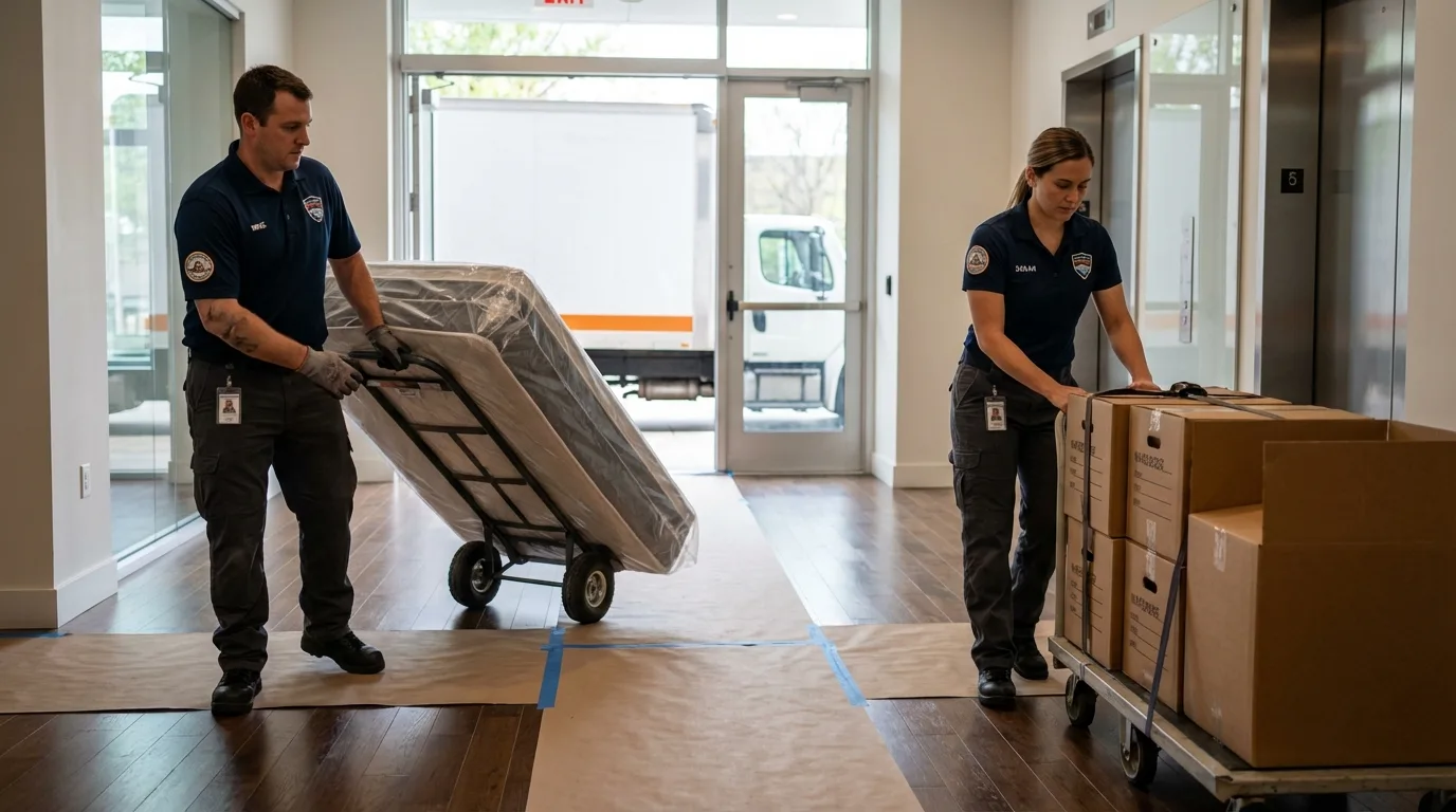 Professional apartment movers loading elevator in Winona, MO